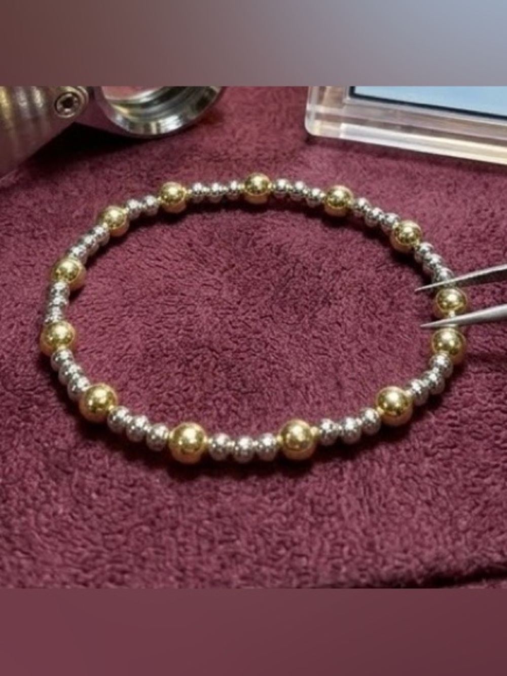 Two-Tone Gold and Silver Beaded Stretch Bracelet - Women's Jewelry